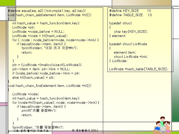 #define equal(eq, e 2) (!strcmp(e 1. key, e 2. key)) void hash_chain_add(element item, List.