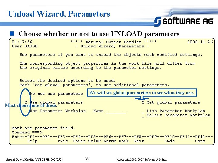 Unload Wizard, Parameters n Choose whether or not to use UNLOAD parameters 01: 17: