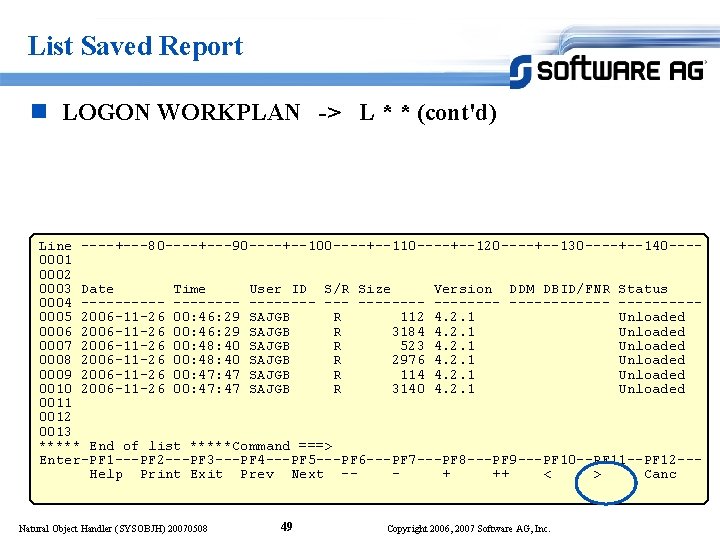 List Saved Report n LOGON WORKPLAN -> L * * (cont'd) Line ----+---80 ----+---90