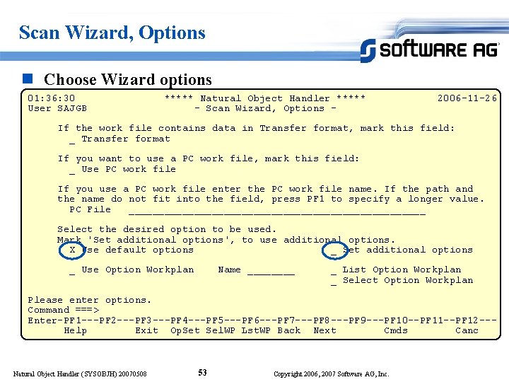 Scan Wizard, Options n Choose Wizard options 01: 36: 30 User SAJGB ***** Natural