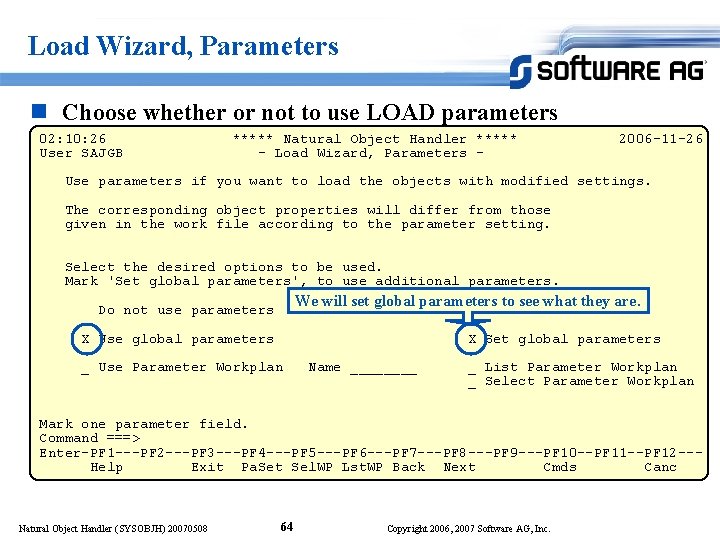 Load Wizard, Parameters n Choose whether or not to use LOAD parameters 02: 10: