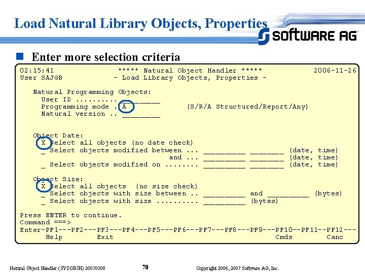 Load Natural Library Objects, Properties n Enter more selection criteria 02: 15: 41 User