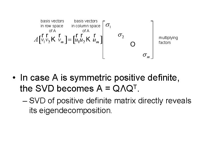 basis vectors in row space of A basis vectors in column space of A