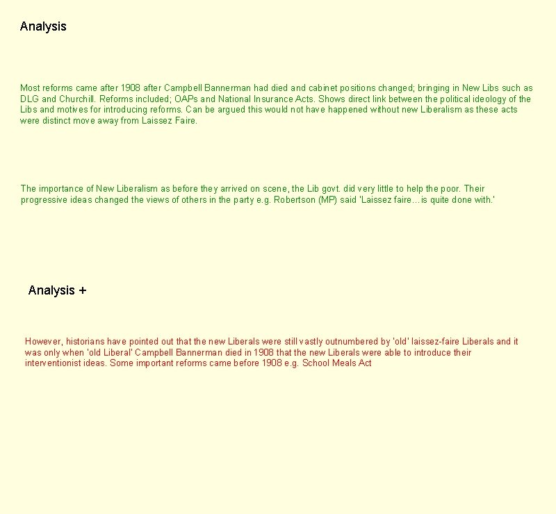 Analysis Most reforms came after 1908 after Campbell Bannerman had died and cabinet positions