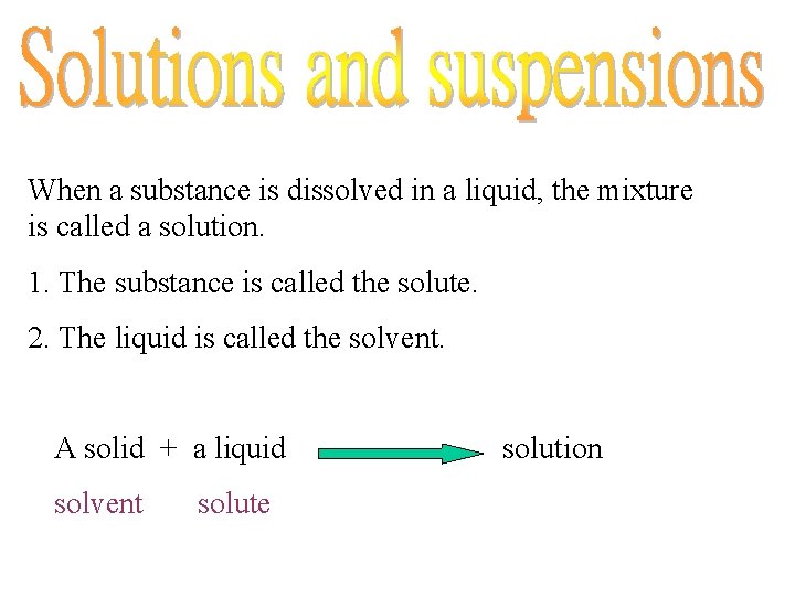 When a substance is dissolved in a liquid, the mixture is called a solution. When a substance is dissolved in a liquid, the mixture is called a solution.