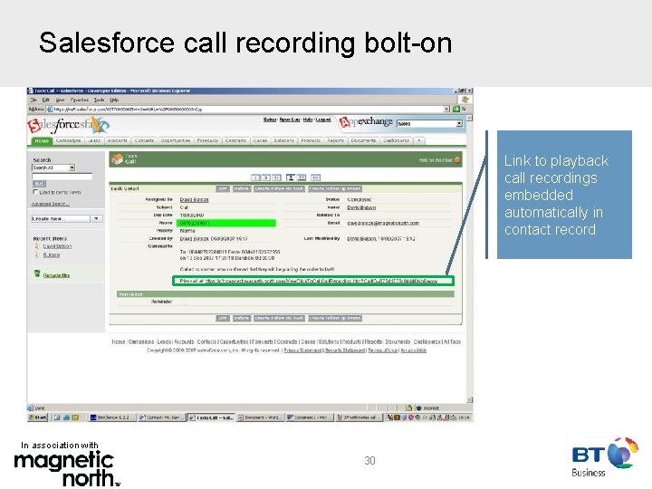 Salesforce call recording bolt-on Link to playback call recordings embedded automatically in contact record