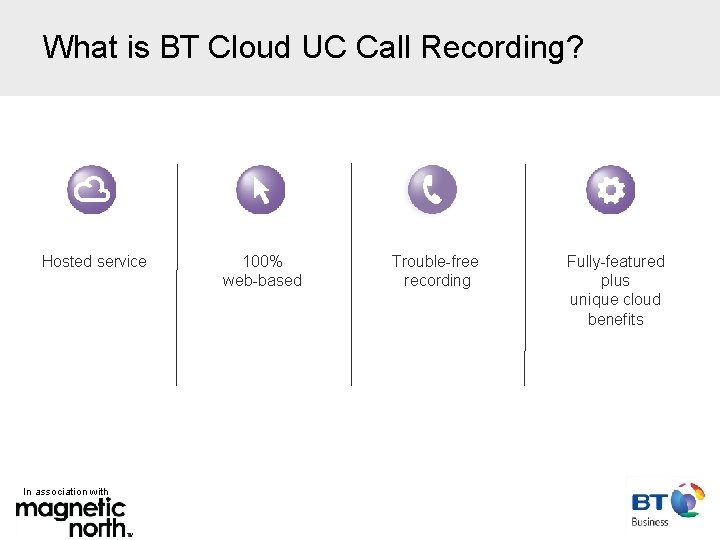 What is BT Cloud UC Call Recording? Hosted service In association with 100% web-based