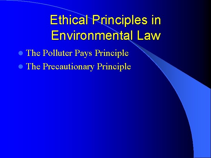 Ethical Principles in Environmental Law l The Polluter Pays Principle l The Precautionary Principle