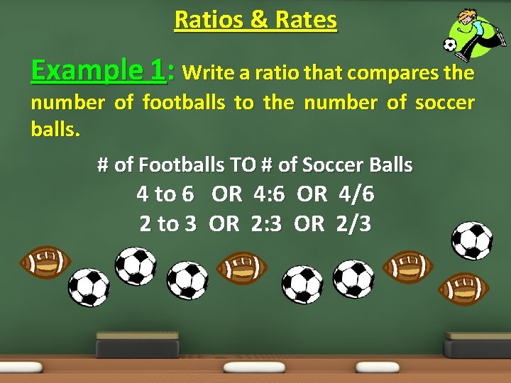 Ratios & Rates Example 1: Write a ratio that compares the number of footballs Ratios & Rates Example 1: Write a ratio that compares the number of footballs