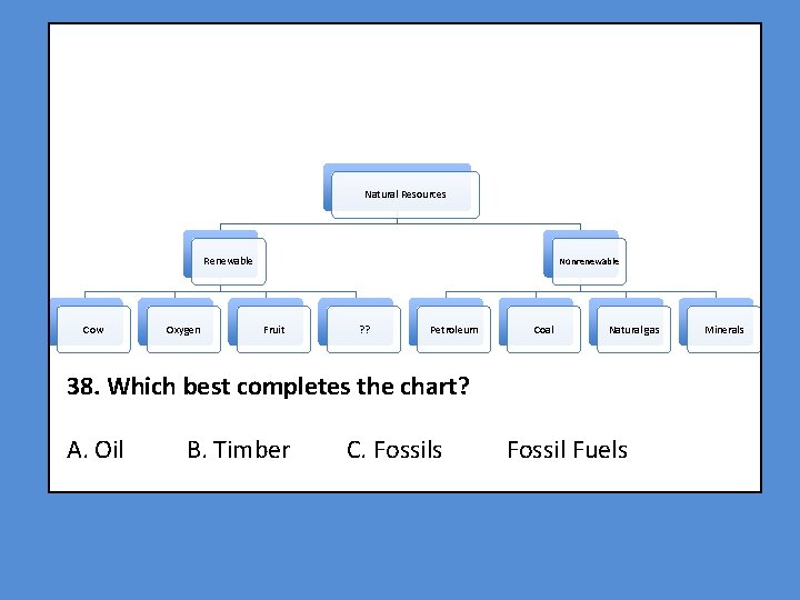 Natural Resources Renewable Cow Oxygen Nonrenewable Fruit ? ? Petroleum Coal Natural gas 38.