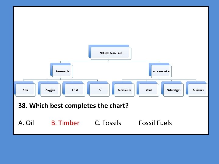 Natural Resources Renewable Cow Oxygen Nonrenewable Fruit ? ? Petroleum Coal Natural gas 38.