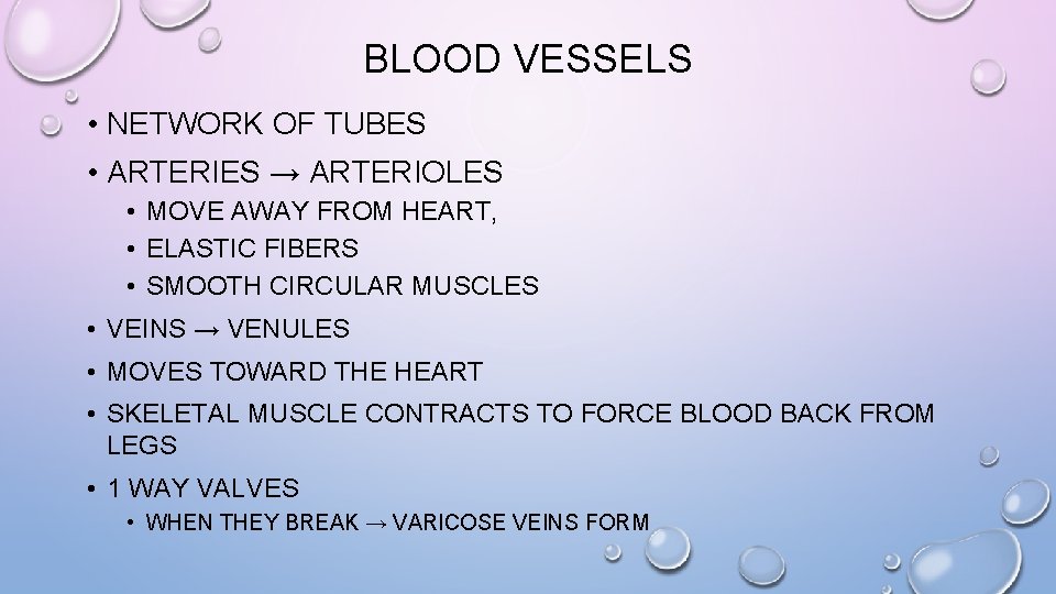 BLOOD VESSELS • NETWORK OF TUBES • ARTERIES → ARTERIOLES • MOVE AWAY FROM