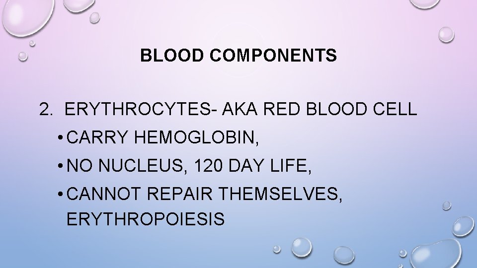 BLOOD COMPONENTS 2. ERYTHROCYTES- AKA RED BLOOD CELL • CARRY HEMOGLOBIN, • NO NUCLEUS,
