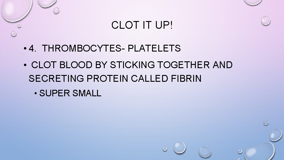 CLOT IT UP! • 4. THROMBOCYTES- PLATELETS • CLOT BLOOD BY STICKING TOGETHER AND