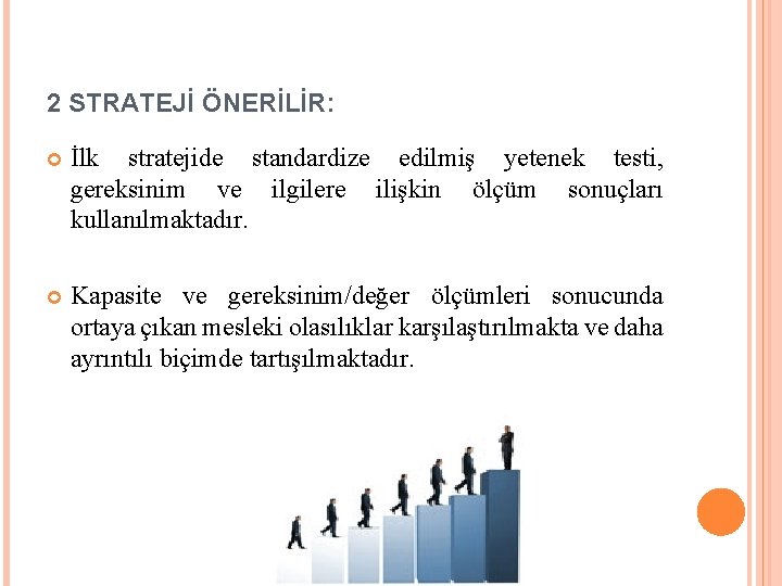 2 STRATEJİ ÖNERİLİR: İlk stratejide standardize edilmiş yetenek testi, gereksinim ve ilgilere ilişkin ölçüm