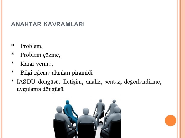 ANAHTAR KAVRAMLARI * Problem, * Problem çözme, * Karar verme, * Bilgi işleme alanları