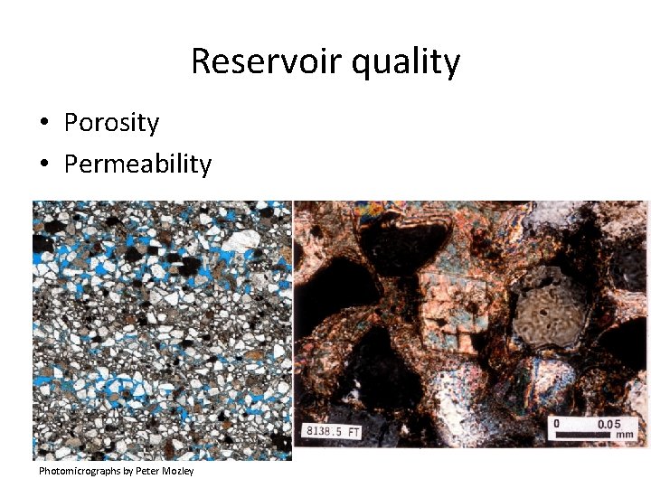 Reservoir quality • Porosity • Permeability Photomicrographs by Peter Mozley 