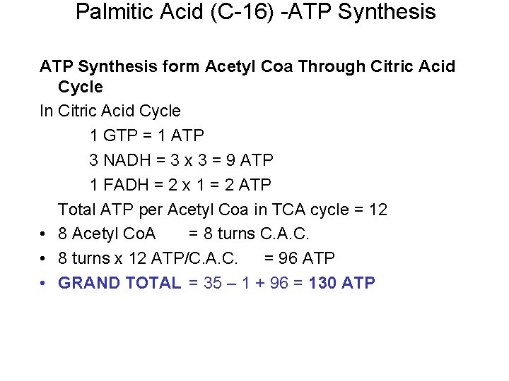 Palmitic Acid (C-16) -ATP Synthesis form Acetyl Coa Through Citric Acid Cycle In Citric