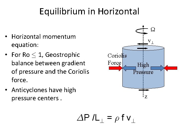 Equilibrium in Horizontal • Horizontal momentum equation: • For Ro · 1, Geostrophic balance