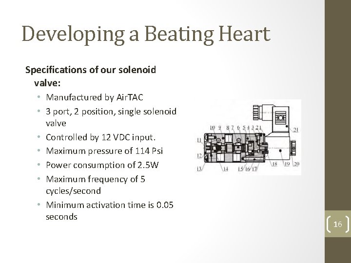 Developing a Beating Heart Specifications of our solenoid valve: • Manufactured by Air. TAC