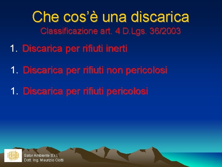 Che cos’è una discarica Classificazione art. 4 D. Lgs. 36/2003 1. Discarica per rifiuti