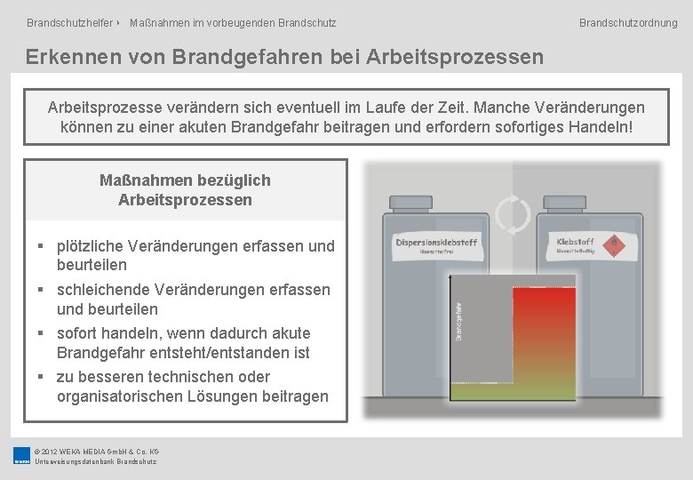 Brandschutzhelfer ‣ Maßnahmen im vorbeugenden Brandschutzordnung Erkennen von Brandgefahren bei Arbeitsprozessen Arbeitsprozesse verändern sich