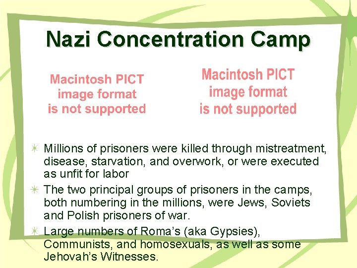 Nazi Concentration Camp Millions of prisoners were killed through mistreatment, disease, starvation, and overwork,