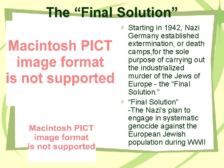 The “Final Solution” Starting in 1942, Nazi Germany established extermination, or death camps, for