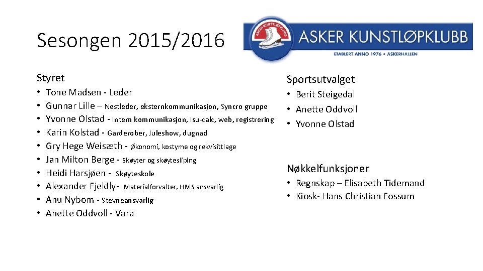 Sesongen 2015/2016 Styret • • • Tone Madsen - Leder Gunnar Lille – Nestleder,