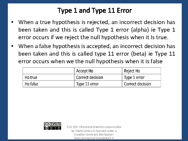 Type 1 and Type 11 Error • When a true hypothesis is rejected, an