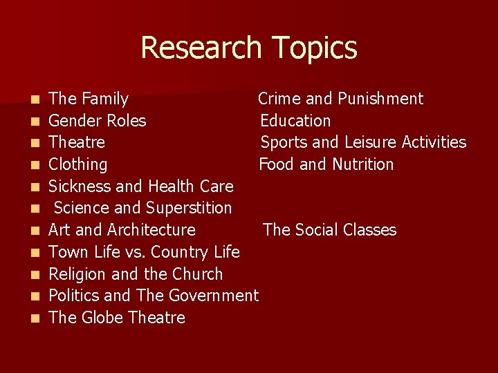 Research Topics n n n The Family Crime and Punishment Gender Roles Education Theatre