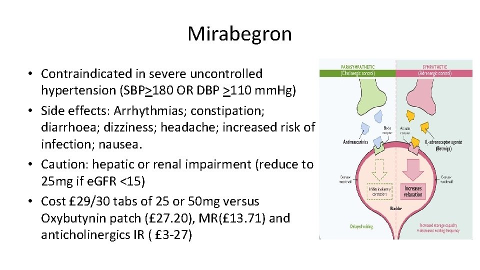 Mirabegron • Contraindicated in severe uncontrolled hypertension (SBP>180 OR DBP >110 mm. Hg) •