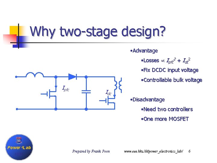 Why two-stage design? • Advantage • Losses Ipfc 2 + Idc 2 • Fix