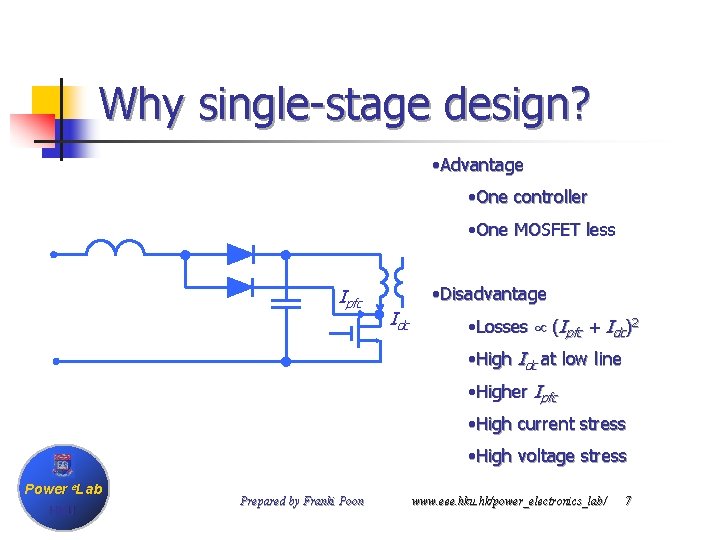 Why single-stage design? • Advantage • One controller • One MOSFET less Ipfc •