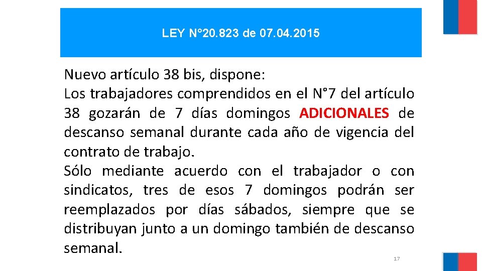 LEY N° 20. 823 de 07. 04. 2015 Nuevo artículo 38 bis, dispone: Los