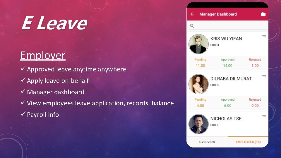 E Leave Employer ü Approved leave anytime anywhere ü Apply leave on-behalf ü Manager