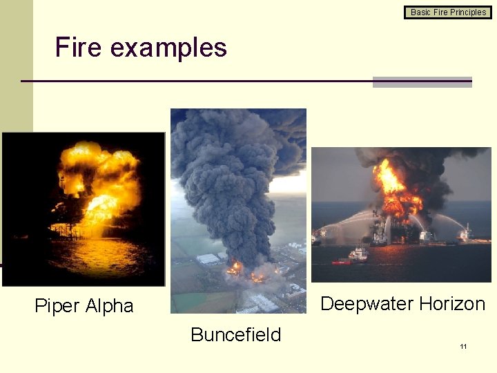 Basic Fire Principles Fire examples Deepwater Horizon Piper Alpha Buncefield 11 