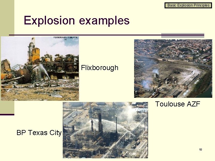Basic Explosion Principles Explosion examples Flixborough Toulouse AZF BP Texas City 18 