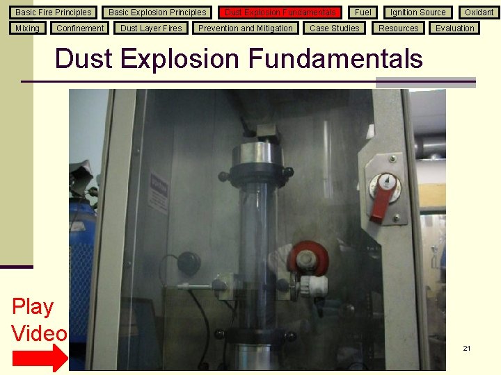 Basic Fire Principles Mixing Confinement Basic Explosion Principles Dust Layer Fires Dust Explosion Fundamentals