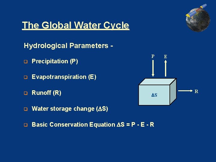 The Global Water Cycle Hydrological Parameters P q Precipitation (P) q Evapotranspiration (E) q