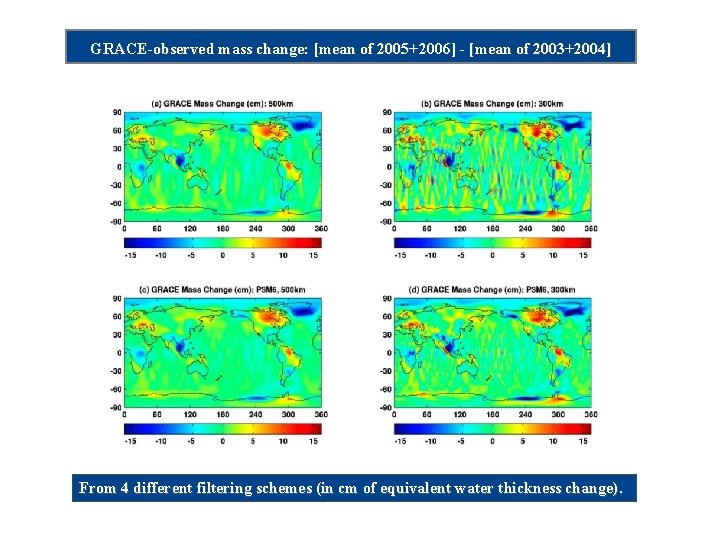 GRACE-observed mass change: [mean of 2005+2006] - [mean of 2003+2004] From 4 different filtering