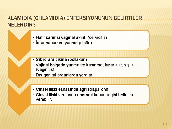 KLAMIDIA (CHLAMIDIA) ENFEKSIYONUNUN BELIRTILERI NELERDIR? • Hafif sarımsı vaginal akıntı (cervicitis) • İdrar yaparken