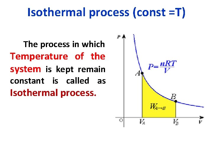 Isothermal process (const =T) The process in which Temperature of the system is kept
