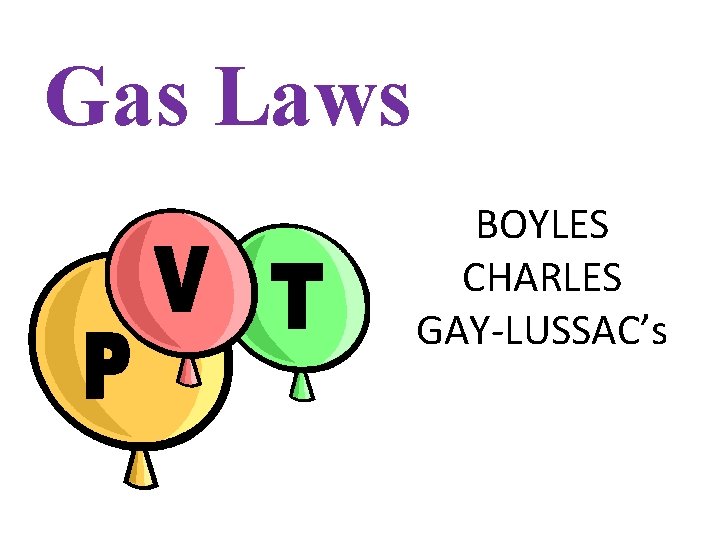 Gas Laws BOYLES CHARLES GAY-LUSSAC’s 
