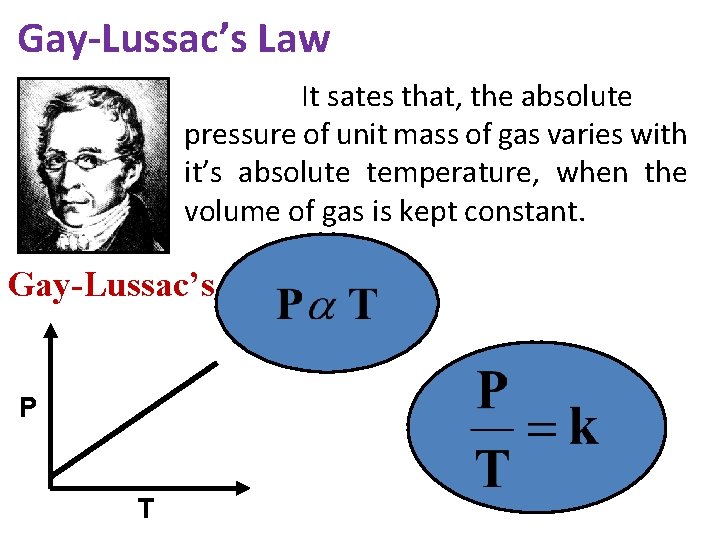 Gay-Lussac’s Law It sates that, the absolute pressure of unit mass of gas varies