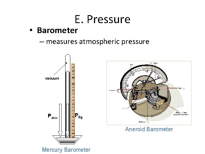 E. Pressure • Barometer – measures atmospheric pressure Aneroid Barometer Mercury Barometer 