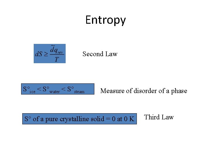 Entropy Second Law S°ice < S°water < S°steam Measure of disorder of a phase