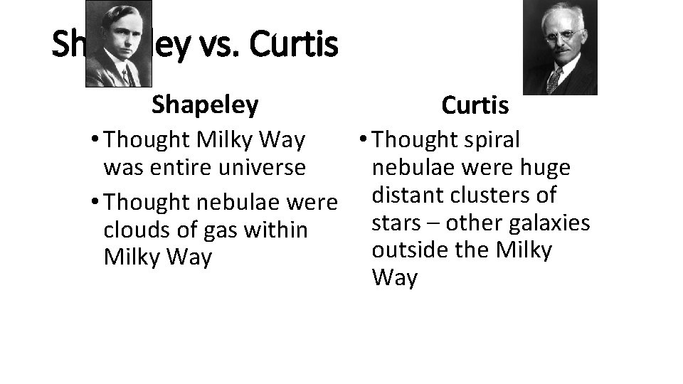 Shapeley vs. Curtis Shapeley Curtis • Thought Milky Way • Thought spiral was entire