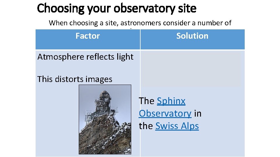 Choosing your observatory site When choosing a site, astronomers consider a number of factors
