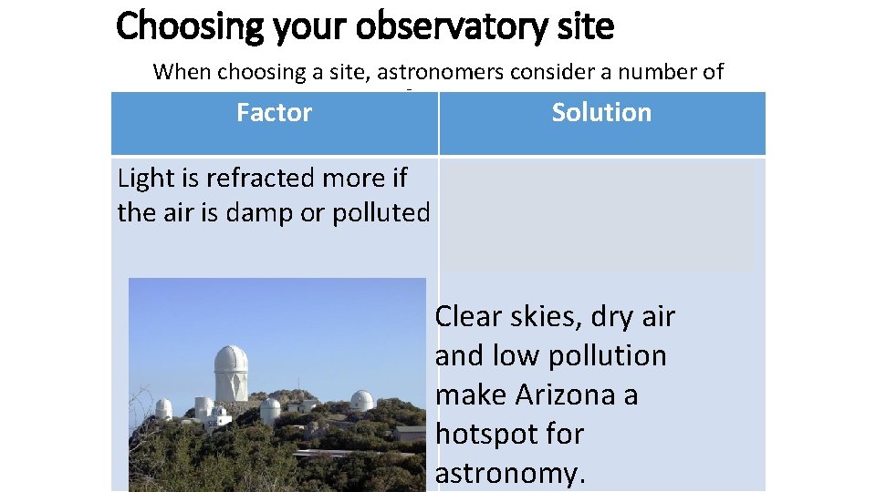 Choosing your observatory site When choosing a site, astronomers consider a number of factors